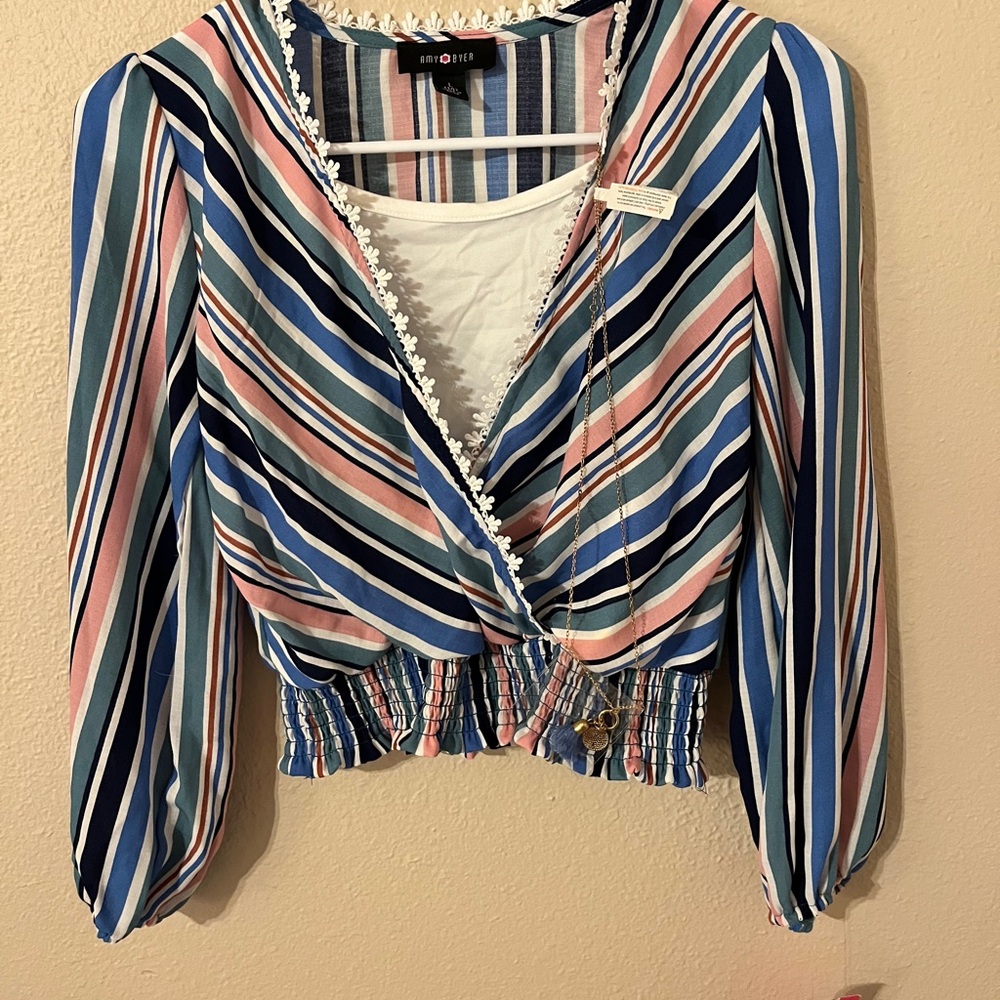 Amy Byer Multicolor Striped Wrap Style Blouse & Necklace Size L NWT
